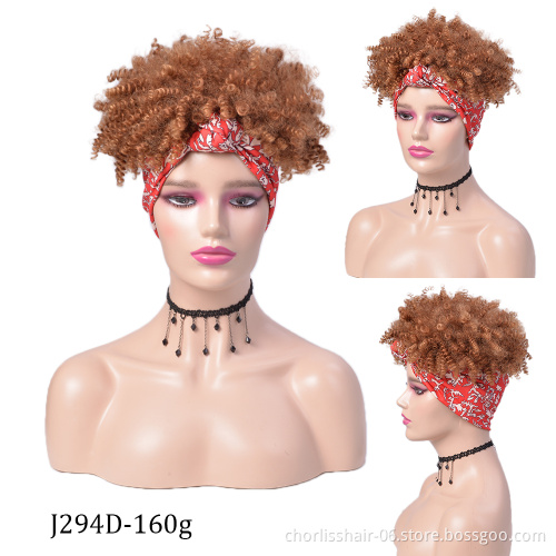 Wholesale Cheap Ombre Turban Wig Afro Short Headband Wigs Kinky Curly Synthetic Wig With Headband Attached For Black Women